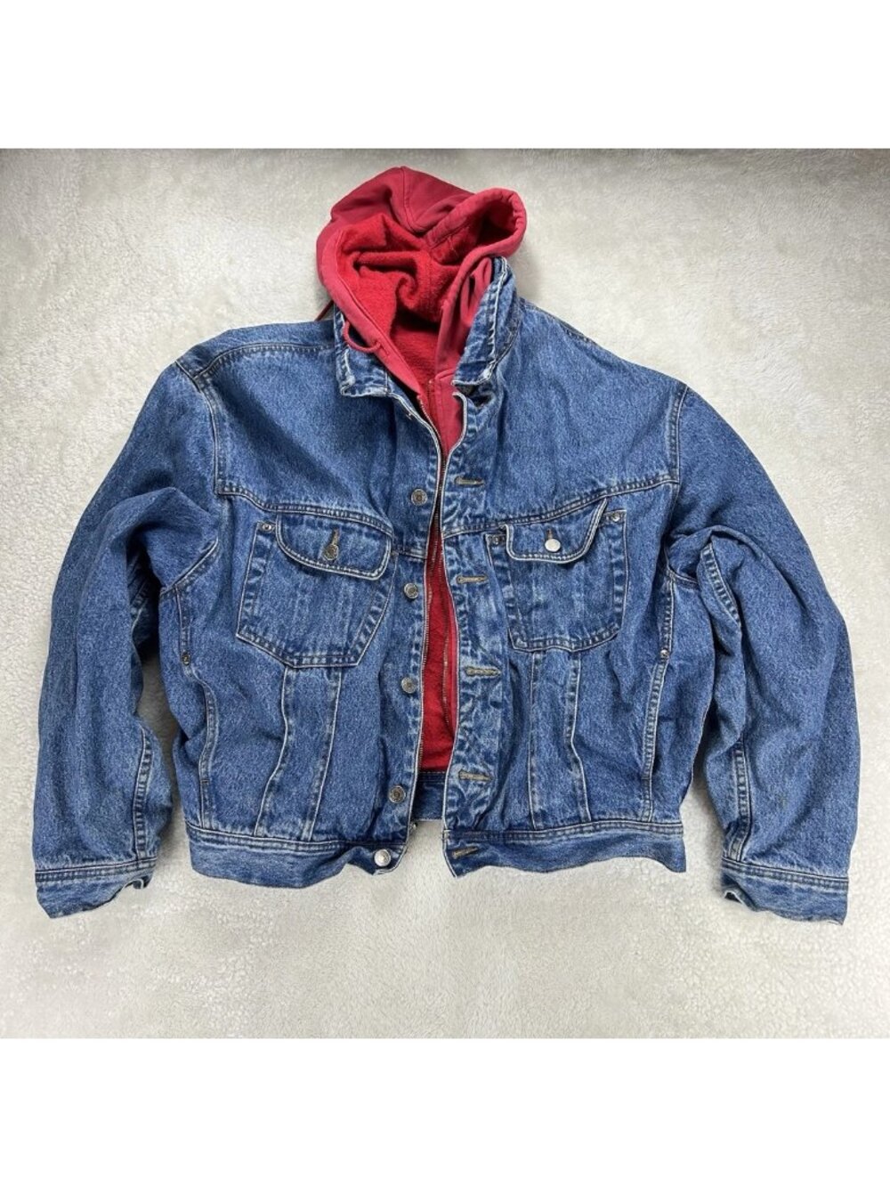 GAP Denim Jean Jacket Vintage 90s Red Hoodie Trucker Western Blue‎ “Read”